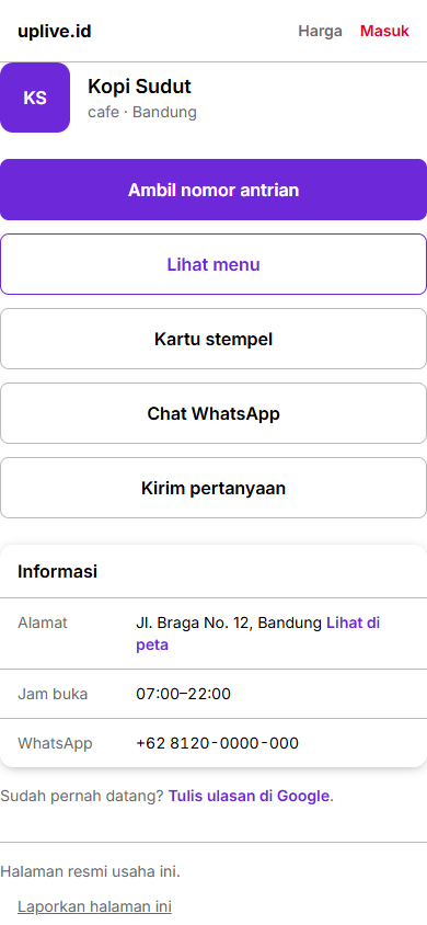 Halaman usaha Kopi Sudut di uplive.id