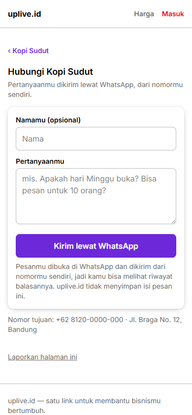 Formulir kontak Kopi Sudut di uplive.id