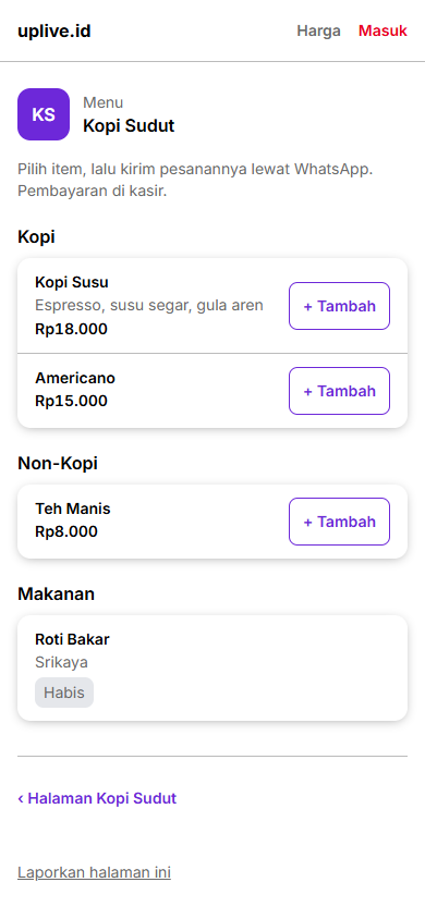 Menu dan katalog Kopi Sudut di uplive.id